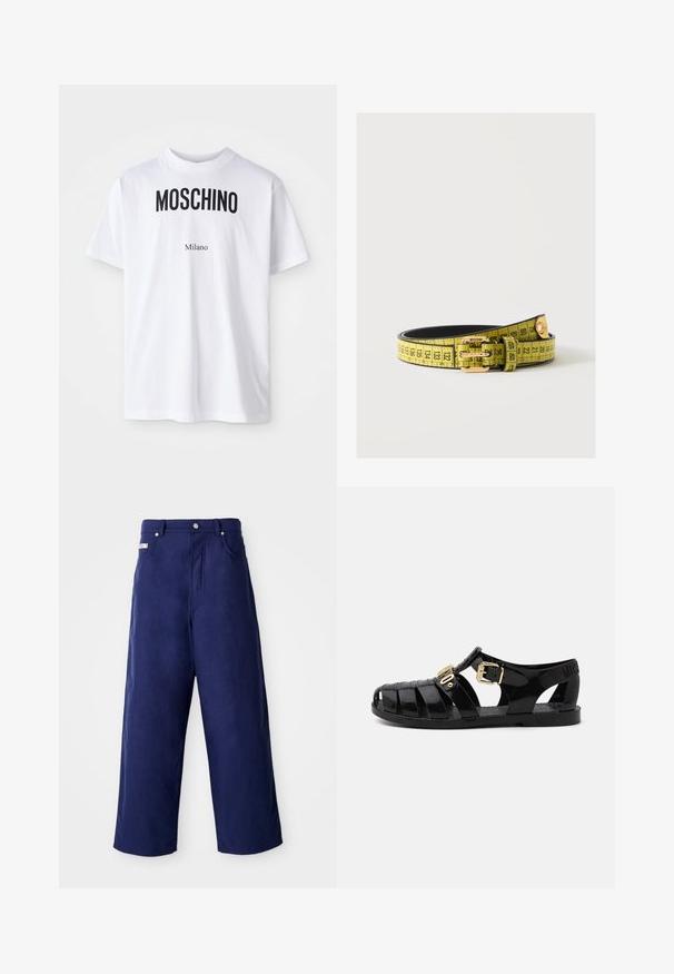 Biele bavlnené tričko s odvážnym čiernym textom "MOSCHINO" nad menším textom "Milano". Klasický okrúhly výstrih a krátke rukávy.; Nadmorské nohavice v námořní modrej farbe, vyrobené z mäkkej látky. Majú uzáver na gombík a predné vrecká, s čistým popodom a bez viditeľných vzorov.; Čierne gumové šľapky s výrezovým dizajnom, s prackou zlaté farby a textúrovanou stielkou. Logo vyrazené na päte.; Žltý opasok s čiernymi značkami meracej pásky a zlatou prackou s logom Moschino, zvitý na bielom povrchu.