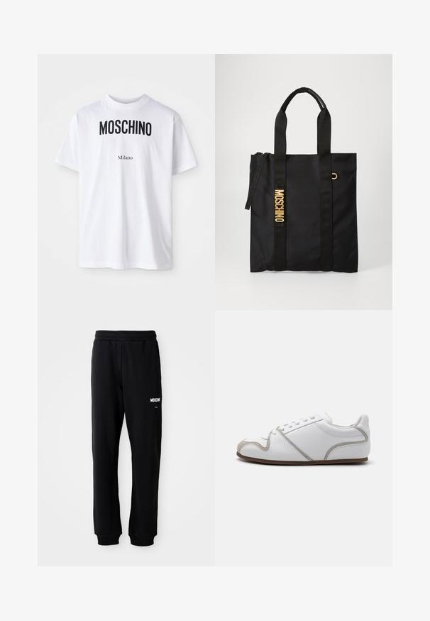 Weißes Baumwoll-T-Shirt mit auffälligem schwarzen "MOSCHINO"-Text über kleinerem "Milano"-Text. Klassischer Rundhalsausschnitt und kurze Ärmel.; Schwarze Jogginghose mit lockerer Passform, aus weichem Stoff. Mit elastischem Bund und weißem "Moschino"-Logo auf dem linken Oberschenkel.; Weiße Sneaker mit einem Obermaterial aus glattem Leder, grauen Suede-Akzenten und einem schlichten Schnürdesign. Rutschfeste braune Gummisohle; minimalistische Gestaltung.; Schwarze Tragetasche aus glattem Stoff mit zwei schwarzen Griffen, ausgestattet mit einem goldenen "MOSCHINO"-Logo und einem Reißverschluss oben.