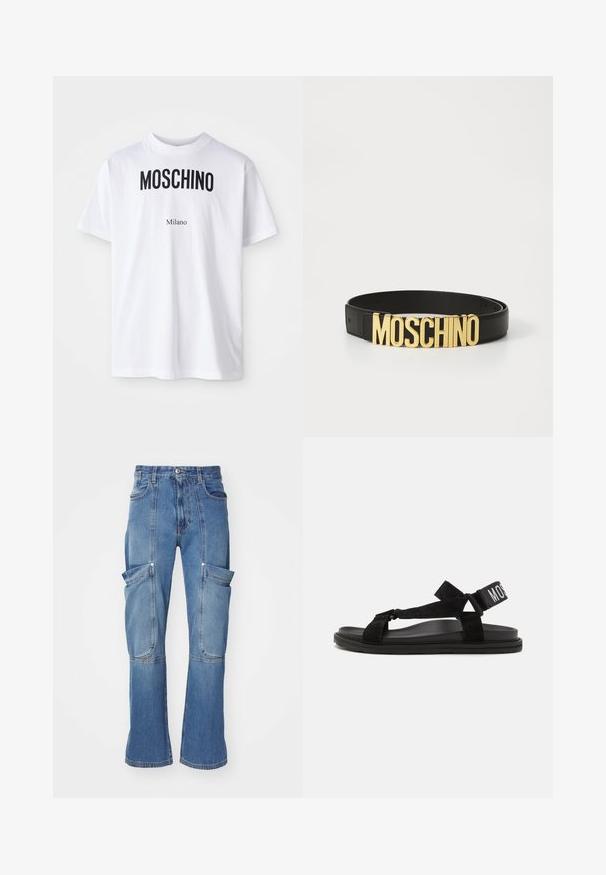 Biele bavlnené tričko s odvážnym čiernym textom "MOSCHINO" nad menším textom "Milano". Klasický okrúhly výstrih a krátke rukávy.; Denimové cargo nohavice vo svetlom modrom odtieni s vysokým pásom, množstvom bočných vreciek a rozšírenými nohavicami, s kontrastným prešívaním a zipsovým uzatváraním.; Čierne sandále z nubukovej usne a gumy, s prekríženými popruhmi a širokým nastaviteľným remienkom na členku s bielym nápisom "MOSS".; Čierny kožený opasok s veľkou zlatou prackou s logom "MOSCHINO", hladký povrch, nastaviteľná veľkosť a minimalistický dizajn.