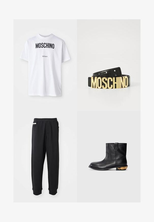Biele bavlnené tričko s odvážnym čiernym textom "MOSCHINO" nad menším textom "Milano". Klasický okrúhly výstrih a krátke rukávy.; Čierne tepláky vyrobené z mäkkého materiálu, s elastickým pásom, bočnými vreckami a rebrovanými manžetami na členkoch. Minimalistický dizajn.; Čierna kožená členková čižma s hladkým povrchom, zaoblenou špičkou a zlatým akcentom v tvare veľryby na päte. Minimalistický dizajn.; Čierny kožený opasok s krokodílou textúrou a veľkým zlatým logom "MOSCHINO" ako sponou. Obsahuje viacero nastavovacích dierok.