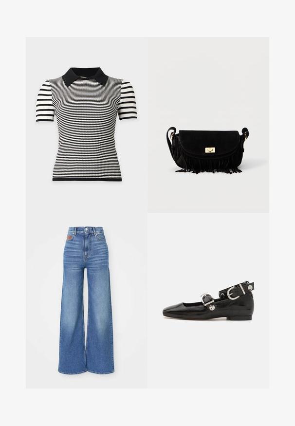 Haut en maille à manches courtes noir et blanc avec des rayures horizontales, une texture côtelée et un col pointu noir uni.; Jean taille haute à jambe large en denim bleu clair avec un léger délavage, dotés d'une fermeture à bouton et d'un accent en cuir au niveau de la ceinture arrière.; Ballerine en cuir verni noir avec un bout carré, sangle de cheville avec des détails en métal argenté et semelle plate. Texture lisse avec un design minimaliste.; Sac bandoulière en daim noir avec fermoir doré, sangle réglable et détail à franges le long du bord inférieur sur un fond uni.