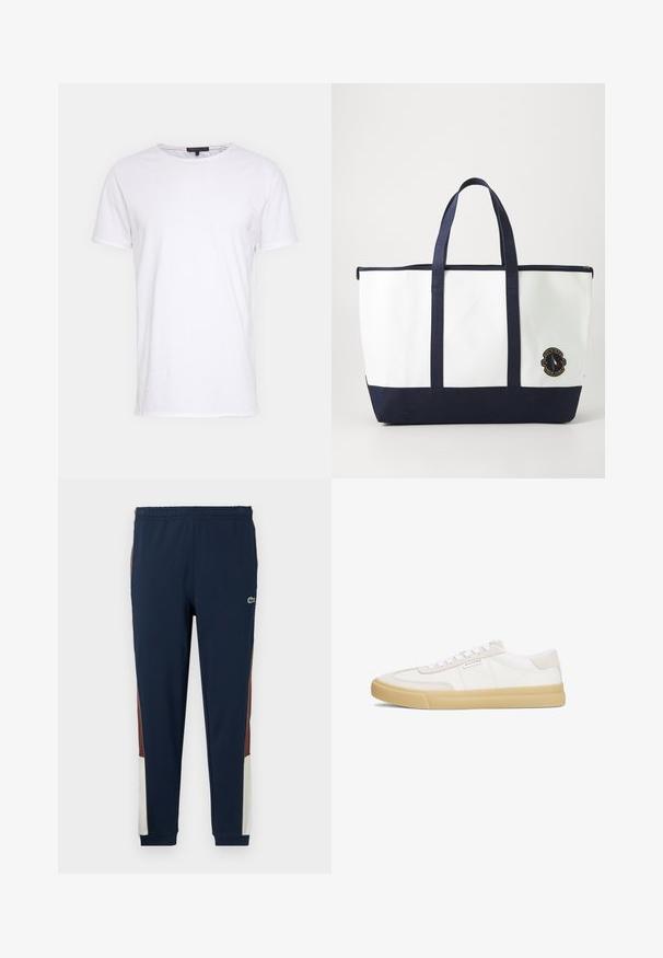 Weißes Baumwoll-T-Shirt mit Rundhalsausschnitt, kurzen Ärmeln und geradem Schnitt. Verfügt über eine einfache, glatte Textur und keine zusätzlichen Muster.; Navy Jogginghose aus weichem Stoff, mit braunen und cremefarbenen Seitenpaneelen, elastischem Bund und kleinem Logo auf der Vorderseite.; Weiße Sneaker aus Leder und Wildleder, mit einem Schnürdesign, einer hellbraunen Gummisohle und einem kleinen Logo an der Seite.; Tote-Bag aus weißem Canvas mit marineblauen Akzenten. Verfügt über zwei robuste Griffe und ein Logo-Patch auf der Vorderseite. Rechteckige Form.