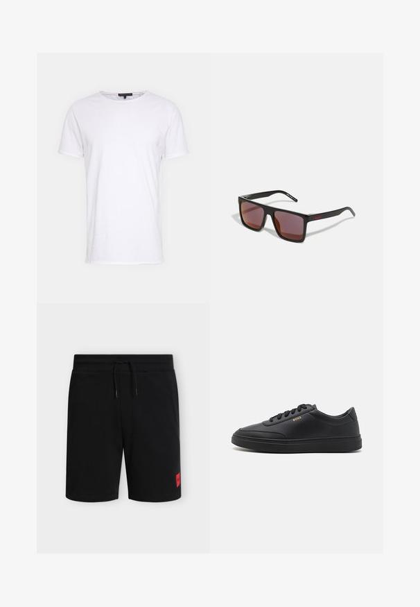 Weißes Baumwoll-T-Shirt mit Rundhalsausschnitt, kurzen Ärmeln und geradem Schnitt. Verfügt über eine einfache, glatte Textur und keine zusätzlichen Muster.; Schwarze knielange Shorts mit elastischem Bund und Kordelzug, mit einem kleinen roten rechteckigen Logo-Patch am unteren linken Bein.; Schwarze Leder-Sneaker mit glatter Textur, runder Zehenpartie, flacher Gummisohle und einfarbigen Schnürsenkeln. Mit goldfarbenem "BOSS" Logo an der Seite.; Schwarze rechteckige Sonnenbrille mit dunkelroten Gläsern, mit matter Oberfläche und rotem Logo am Bügel. Robuster Kunststoffrahmen.