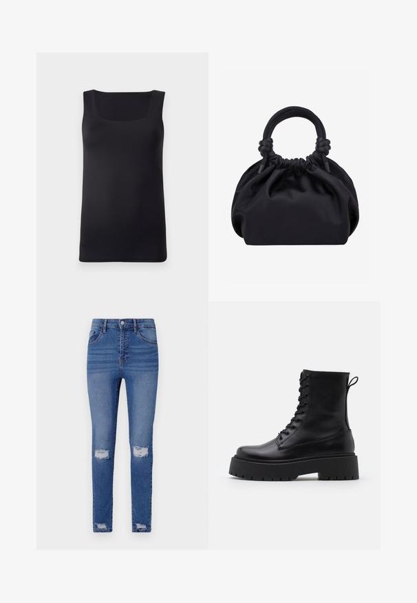 Schwarzes ärmelloses Tanktop mit quadratischem Ausschnitt, aus glattem Stoff gefertigt, mit taillierter Passform und sauberen Kanten, ohne sichtbare Muster oder Akzente.; Schlanke blaue Jeans mit einem verwaschenen Effekt, zwei Knie-Rissen, fünf Taschen, einem Knopfverschluss und Gürtelschlaufen. Aus Baumwollmischung.; Schwarze Lederstiefeletten mit runder Zehenpartie, Schnürung vorne und einer dicken Gummisohle mit strukturiertem Profil. Mit Zugschlaufe an der Rückseite.; Schwarze weiche Stoffhandtasche mit gerafftem oberen Rand und runden, gepolsterten Griffen, die auf jeder Seite mit Knoten gebunden sind.