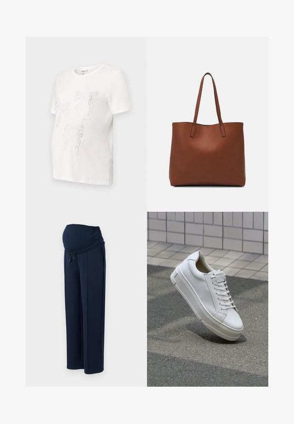 Weißes Baumwoll-T-Shirt mit kurzen Ärmeln, das ein Design von Blättern mit kleinen metallischen Nieten umreißt. Rundhalsausschnitt, lockere Passform.; Marineblaue Umstandshose aus weichem Stoff, mit elastischem Bund und verstellbarem Kordelzug, sowie zwei seitlichen Taschen für mehr Komfort.; Weiße Leder-Sneaker mit einem Low-Top-Design, flachen Schnürsenkeln, runder Zehenform und strukturierten Seiten. Dicke Gummisohle mit dezenten Akzenten.; Braune Leder-Tote mit glatter Textur, offenem Oberteil und zwei Schulterriemen. Verfügt über minimale Nähte und keine sichtbaren Beschläge.