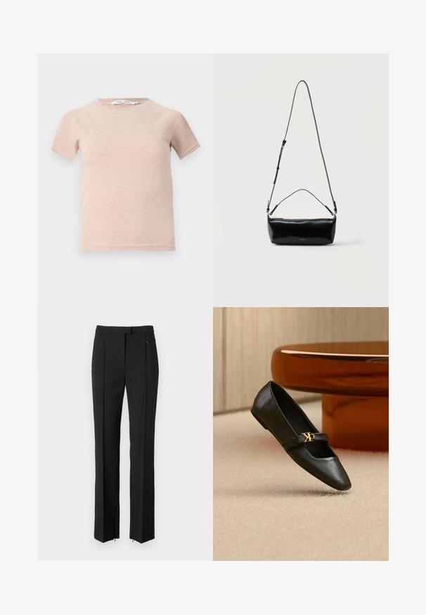 Camiseta de manga corta color rosa claro, fabricada en tejido acanalado, con un escote redondo y un corte relajado. Diseño simple y sin costuras.; Pantalones negros con un diseño ajustado, que presentan un frente plano, bolsillos con cremallera y un corte de pierna recta. Fabricados con una tela suave.; Zapato plano de cuero negro con puntera puntiaguda y logo dorado de CK en la correa, colocado sobre una alfombra beige cerca de una mesa redonda marrón ámbar.; Bolso cruzado rectangular de cuero negro con correa de hombro ajustable, cremallera superior y pequeño logo dorado de Calvin Klein en el frente.