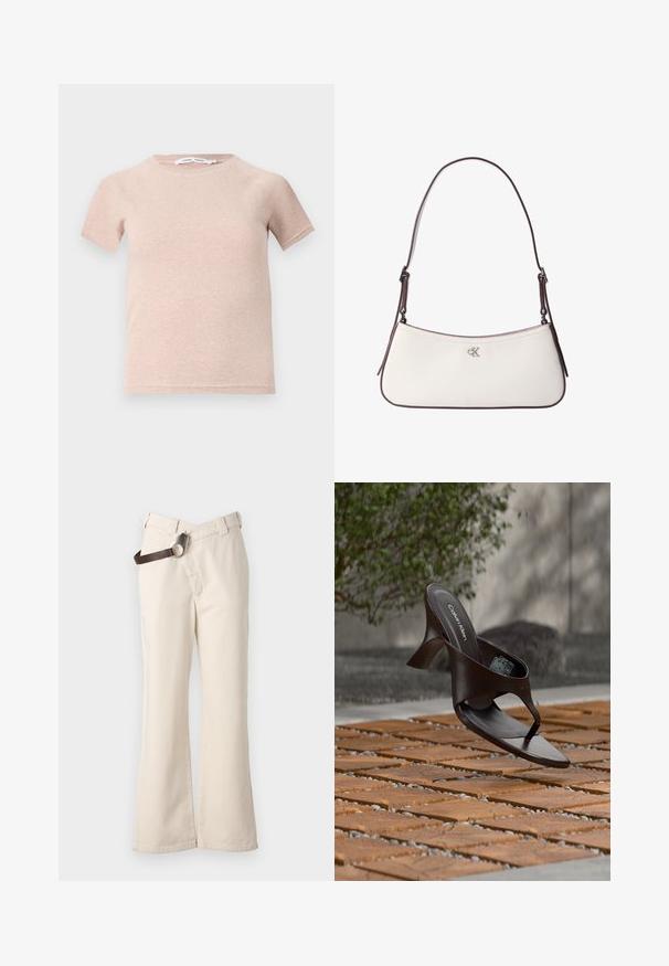 Vaaleanpunainen lyhythihainen t-paita ribbikangasta, jossa on pyöreä pääntie ja rento istuvuus. Yksinkertainen ja saumatonta muotoilua.; Pinko PAINT PANTALONE - Housut - beige betulla; Ruskea Calvin Klein -merkkinen korkokenkäinen varvastossu roikkuu puulattialaattojen ja sorapinnan yläpuolella, taustalla sumeaa kasvillisuutta ja kiviä.; Valkoinen nahkainen olkalaukku, jossa tummanruskea koristereunus ja säädettävä hihna, etuosassa pieni hopeinen "cK"-logo keskellä.