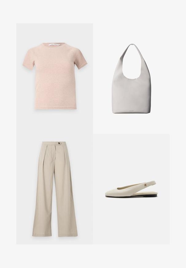 Lichtroze t-shirt met korte mouwen van ribstof, met een ronde halslijn en een comfortabele pasvorm. Eenvoudig en naadloos ontwerp.; Beige wijde broek met een hoge taille, voorzien van plooien, een enkele knoopsluiting en een soepele stofstructuur.; Crèmekleurige leren slingback platte schoen met ronde neus en klein gouden embleem op het bandje.; Witte leren totebag met een enkele schouderriem, zachte textuur en een discreet Calvin Klein-logo nabij het midden onderaan.