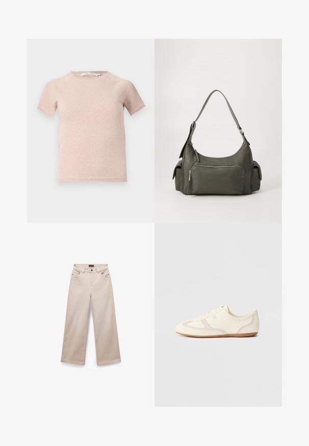 Lichtroze t-shirt met korte mouwen van ribstof, met een ronde halslijn en een comfortabele pasvorm. Eenvoudig en naadloos ontwerp.; Beige wijde broek van katoen met een gladde textuur. Beschikt over vijf zakken, riemlussen en zilverkleurige hardware aan de voorkant.; Crème-witte sneakers met een bovenwerk van suède en stof, een afgeronde neus en een rubberen zool met een beige accentdetail. Vetersluiting.; Groene leren schoudertas met een gebogen ontwerp, met een ritsvak aan de voorkant en extra zijvakken. Gladde textuur en minimale hardware.