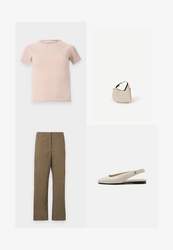 T-shirt à manches courtes rose clair en tissu côtelé, avec un col rond et une coupe décontractée. Design simple et sans couture.; Pantalons droits marron en tissu mélangé de coton. Comprend des passants de ceinture, une poche avant et une texture lisse sans motifs.; Chaussure plate slingback en cuir couleur crème avec un bout arrondi et un petit emblème doré sur la bride.; Sac à main en cuir beige en forme de croissant avec une seule bandoulière et des coutures minimalistes, posé sur un fond blanc uni.