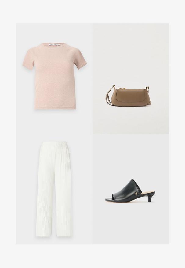 T-shirt à manches courtes rose clair en tissu côtelé, avec un col rond et une coupe décontractée. Design simple et sans couture.; Pantalons larges plissés blancs avec une taille élastique. Fabriqués en tissu léger, dotés de rayures verticales et d'une coupe fluide.; Mules ouverts en cuir noir avec un talon bas. Présentent une surface lisse et un accent logo doré sur le côté.; Sac à bandoulière en cuir taupe avec fermeture éclair et quincaillerie dorée, bords arrondis et sangle ajustable, sur fond clair uni.