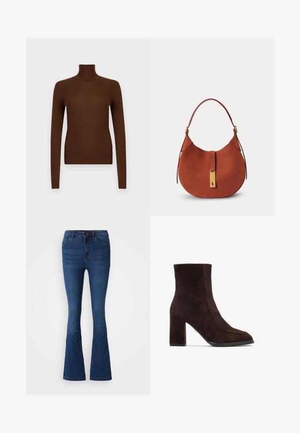Brun ribbet rullekravesweater med lange ærmer, der har en høj halsudskæring og en tætsiddende pasform, lavet af et blødt, elastisk materiale.; Mørkeblå denim flare jeans med for- og baglommer, knap- og lynlåslukning samt slidte detaljer på lår og knæ.; Brun ruskindsankelstøvle med firkantet tå, høj blokhæl og glat tekstur. Har minimal syning langs siderne.; Rustfarvet suede håndtaske med en buet form, en flad rem og et gyldent metalaccent med logo-detalje foran.
