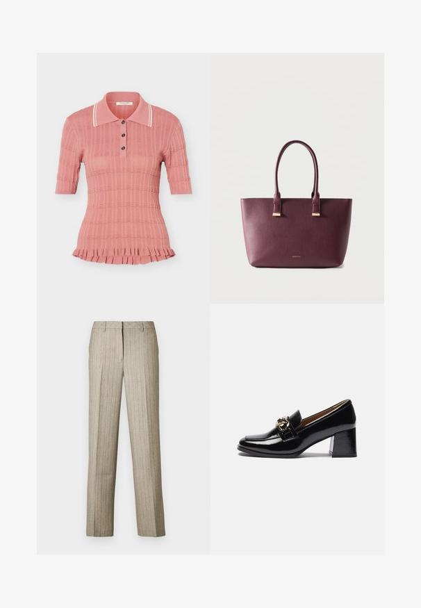 Rosa kurzärmeliges Strick-Poloshirt mit strukturiertem Muster, drei Knöpfen, weiß gestreiftem Kragen und gerafftem Saum.; Beige Nadelstreifenhose mit geradem Bein, ausgestattet mit einem strukturierten Bund und feiner Struktur im gesamten Stoff.; Schwarze Lacklederschuhe mit Absatz, runder Zehenpartie, kräftigerem Absatz und einem goldfarbenen Hardware-Akzent auf dem vorderen Riemen.; Dunkellila Leder-Shopper mit zwei Griffen und kleinem goldfarbenem Markenlogo auf der Vorderseite, vor einfarbig hellem Hintergrund.