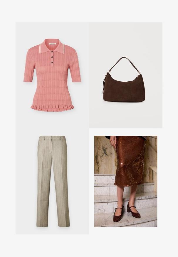 Rosa kurzärmeliges Strick-Poloshirt mit strukturiertem Muster, drei Knöpfen, weiß gestreiftem Kragen und gerafftem Saum.; Beige Nadelstreifenhose mit geradem Bein, ausgestattet mit einem strukturierten Bund und feiner Struktur im gesamten Stoff.; Eine Frau trägt einen braunen Pailletten-Midi-Rock und dunkle, krokodilstrukturiertes Mary-Jane-Absätze und steht auf Marmortreppen.; Braune Wildleder-Schultertasche mit einem einzelnen Riemen und Reißverschlussverschluss vor einem schlichten hellen Hintergrund.