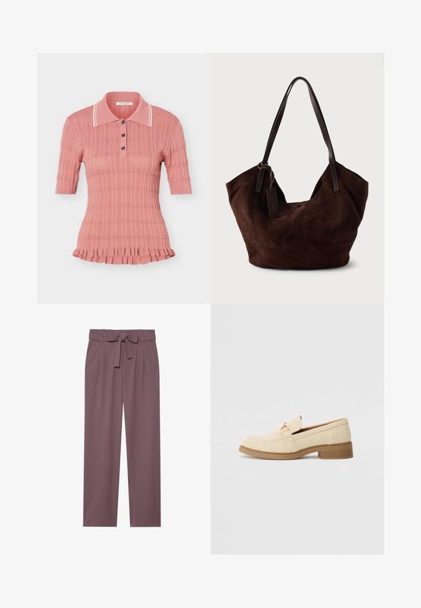 Polo en maille rose à manches courtes avec motif texturé, trois boutons, col rayé blanc et ourlet volanté.; Pantalons larges de couleur prune avec une taille ceinturée, un devant plissé et une texture lisse. Comprend des poches latérales et un design ajusté.; Mocassins en textile beige avec un petit talon bloc, présentant un design cousu et un accent décoratif en métal doré sur le dessus.; Handbag en cuir suédé marron avec une forme douce et souple. Doté de poignées en cuir et d'une étiquette décorative. Texture plain avec des coutures courbes.