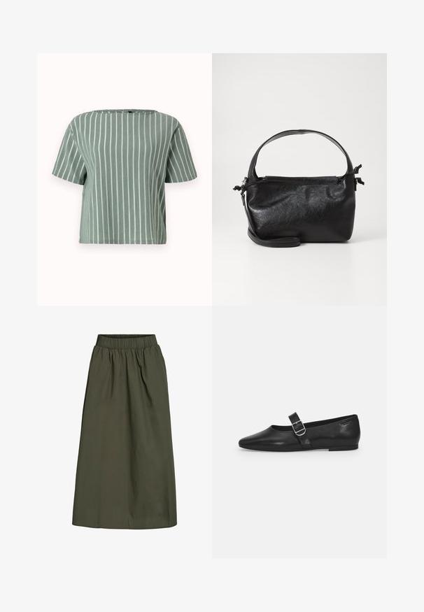 Haut à manches courtes rayé vert clair avec un décolleté carré. Fabriqué en tissu texturé avec des lignes blanches verticales. Coupe décontractée et ample.; Jupe olive, longueur cheville avec taille élastique froncée et une texture de tissu lisse, légèrement froissée.; Chaussure plate en cuir noir avec un bout arrondi, une seule sangle réglable à boucle et une texture lisse et brillante. Design minimaliste avec un petit talon.; Sac à main en cuir noir au design structuré, avec une poignée arrondie et une bandoulière amovible. Présente une texture lisse et un éclat subtil.
