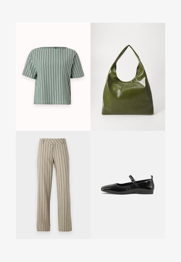 Lichtgroen gestreept t-shirt met korte mouwen en een vierkante halslijn. Gemaakt van textuurstof met verticale witte lijnen. Casual en boxy pasvorm.; Beige gestreepte wijde broek, gemaakt van lichtgewicht stof, met een hoge taille en een rechte pasvorm, voorzien van zijzakken.; Zwarte patenten leren ballerina met een spitse neus, een enkelbandje met een gesp en een gladde, glanzende textuur. Lage hak voor comfort.; Groene leren hobotas met een slordig ontwerp, gebogen handvat en een gladde textuur. Bevat geen zichtbare hardware of accenten.