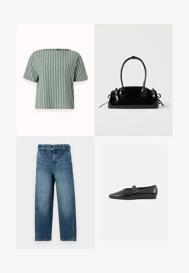 Haut à manches courtes rayé vert clair avec un décolleté carré. Fabriqué en tissu texturé avec des lignes blanches verticales. Coupe décontractée et ample.; Jean en denim bleu avec une taille haute, des jambes larges et une ceinture avec un anneau en métal. Présente des décolorations et des effets d'usure subtils sur le tissu.; Chaussure plate en cuir noir avec un orteil pointu, présentant une sangle à boucle métallique sur le cou-de-pied et une semelle basse et flexible.; Petit sac à main noir brillant avec deux longues anses et des détails à cordon sur les côtés sur un fond clair uni.