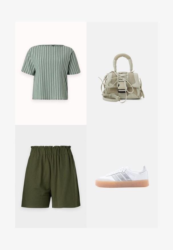 Heled rohelise triibuga lühikeste varrukatega pluus ruudukujulise kaelusega. Valmistatud tekstuursetest kangast, millel on vertikaalsed valged jooned. Igapäevane ja kastikujuline lõige.; Tumedat rohelised elastse vöökohaga lühikesed püksid, lõdva fitsiga ja ilma taskuteta. Valmistatud pehmest, kergekaalulisest kangast.; Valge madala lõikega toss, kummist tallaga, hõbedaste triipudega külgedel ja paeltega kinnitatav, esitatud tavalise hele tausta ees.; Beez värvi käekott tekstuurse võrgusilma disainiga, struktureeritud kuju, ülemine sang ja eemaldatav rihm; sisaldab kinnitusdetailide ja riistade aktsente.