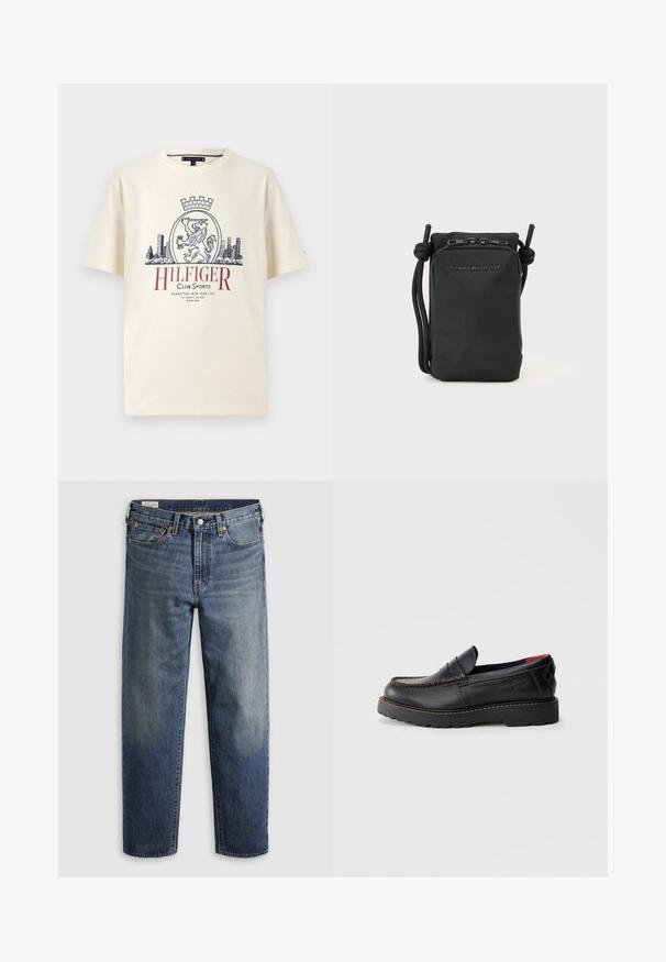 Crèmekleurig T-shirt met korte mouwen, leeuwenkroon, stadssilhouet en rode tekst "Hilfiger Club Sports" aan de voorkant.; Donkerblauwe spijkerbroek van denim met een losse pasvorm, rechte pijpen, vijf steekzakken en subtiele vervaging op de dijen. Zilveren knoop en klinknagels.; Zwarte leren instapper met moccasin-stiksel, rubberen zool en een gestructureerde afwerking. Bevat subtiele branding aan de zijkant.; Zwarte nylon schoudertas met een rechthoekige vorm, verstelbare trekkoordsluiting, logo aan de voorkant en een gestructureerde stof.