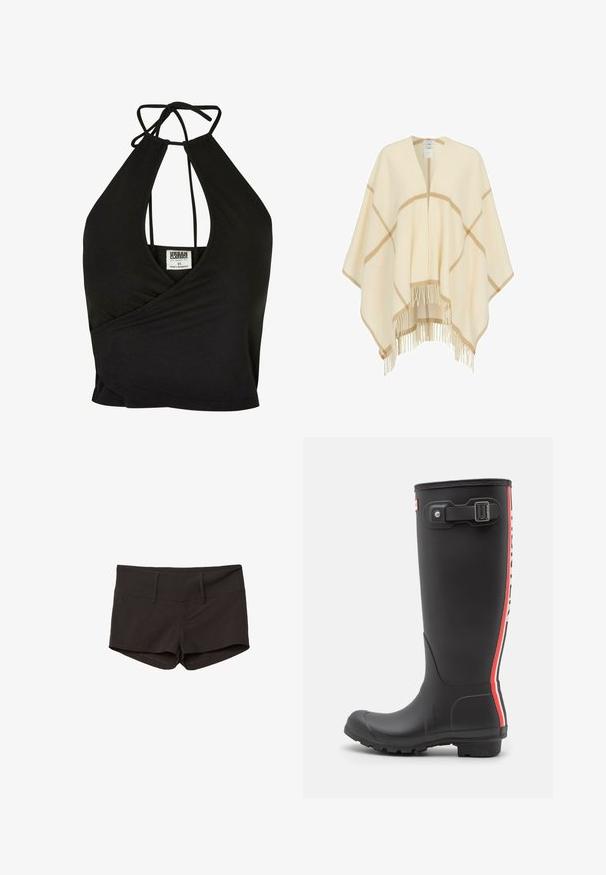 Sort halterneck crop top lavet af blødt materiale, med en dyb V-hals og indviklet design. Knyttes bagpå for en justerbar pasform.; Sorte bomuldsbukser med en tætsiddende design, der har en glat overflade og to forlommer. Mellemhøj talje og ingen iøjnefaldende mønstre.; Sort gummistøvle med ru overflade, højt design, røde og hvide lodrette striber, justerbar rem og spænde detaljer.; Kremfarvet poncho med åbent forstykke, lys brun ternet mønster og frynsekant langs bundkanten.