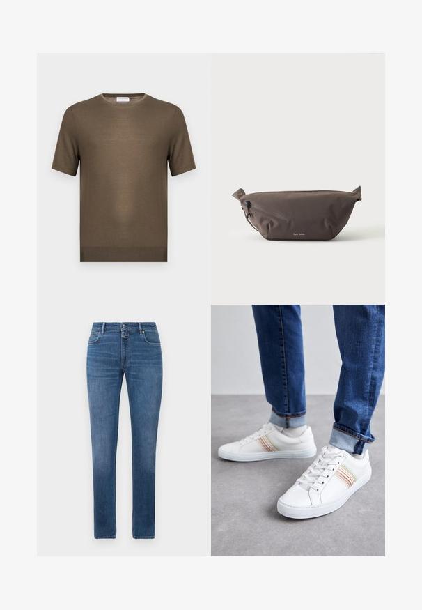 Pull en maille vert olive à manches courtes avec encolure ronde et ourlet côtelé, présenté sur fond blanc uni.; Jeans en denim bleu coupe droite avec fermeture à bouton à l'avant, fermeture éclair et cinq poches, affichés sur un fond blanc.; Baskets en cuir blanc avec des rayures multicolores, design à lacets, semelle en caoutchouc et col rembourré, associées à un jean en denim bleu.; Sac banane en tissu marron foncé avec poche zippée en diagonale et petit logo blanc sur le devant, sur un fond clair uni.