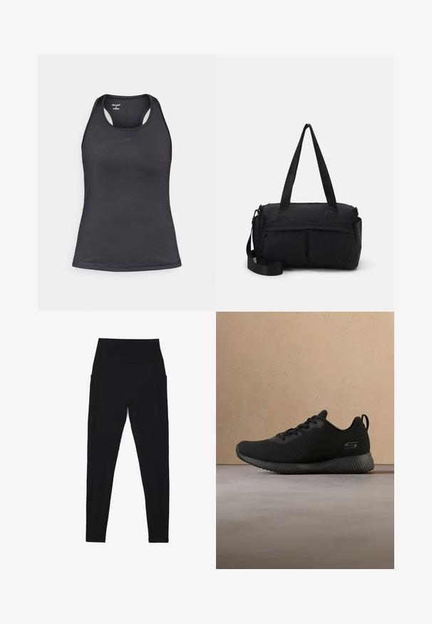 Débardeur de sport noir avec un design dos nageur, fabriqué en tissu lisse et extensible avec des coutures minimales et un détail de logo à l'avant.; Leggings noirs avec une taille haute côtelée, un design sans coutures, des poches latérales et une texture lisse sur toute la surface.; Chaussures de sport noires avec tige texturée, bout rond et lacets. Elles disposent d'une semelle rembourrée et d'une languette en boucle au niveau du talon pour un enfilage facile.; Sac de sport noir en nylon durable. Dispose de deux poignées de transport et d'une bandoulière amovible. Fermeture zippée avec une poche avant.