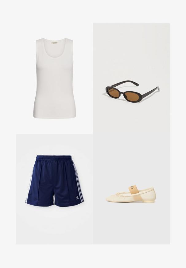 Hvid ærmeløs top med rund udskæring, lavet af Love Copenhagen, vist på hvid baggrund.; Marine atletikshorts lavet af letvægtsmateriale, med hvide sidelister og et broderet logo nederst til venstre. Elastisk talje.; Kræmfarvet flad sko med spids tå, snøredetalje og en dekorativ rem med logo på siden. Glat tekstur, lav hæl.; Solbriller med ovale brune linser, sorte plastikstel og tynde arme. Glat tekstur med et minimalistisk design.