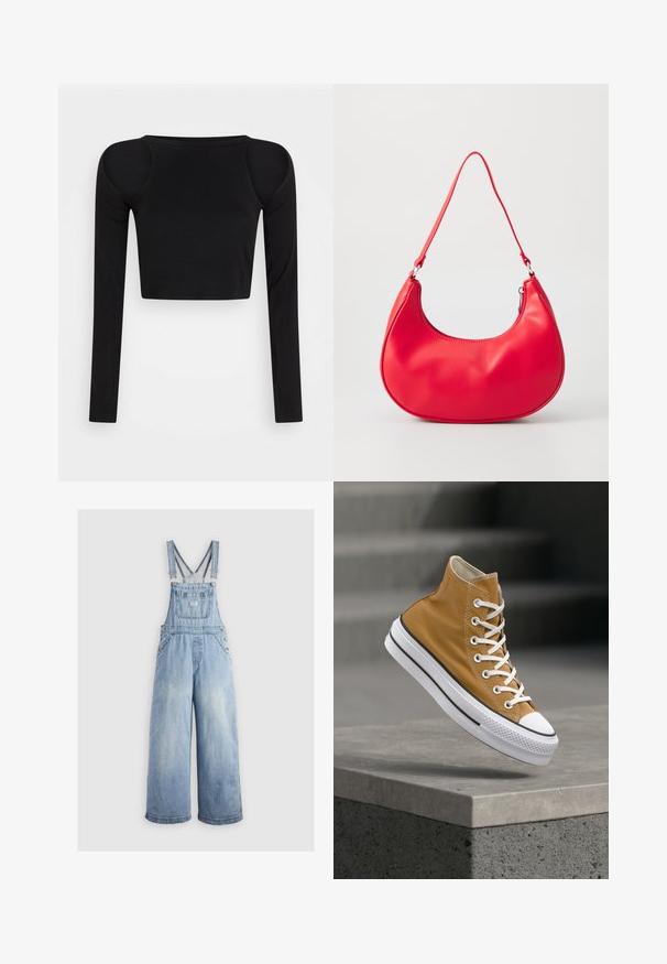 Even&Odd Langærmet T-shirt - black; Lyseblå denim overalls med brede ben, justerbare skulderstropper, frontlomme og metalbuttons på siderne. Klassisk stil med en afslappet pasform.; Højtop-sneaker i sennepsgul lærred med hvide snørebånd, gummitåhætte og en tekstureret hvid sål med sorte striber.; Rød syntetisk læder skuldertaske med en buet form, slank rem og lynlås lukning. Glat tekstur med synlige syninger.