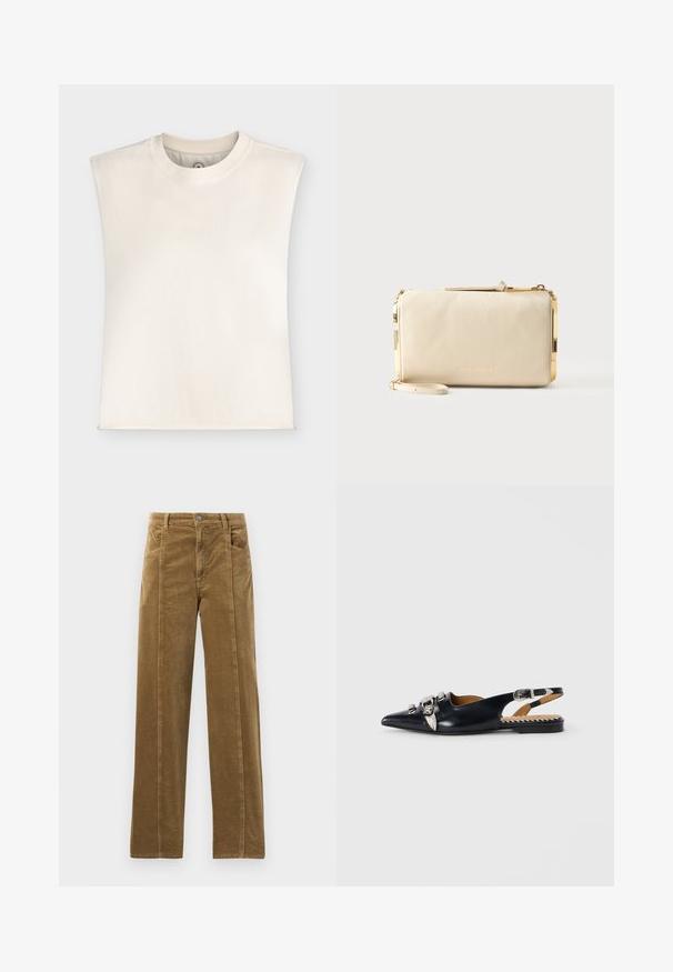 Ærmeløs beige top med rund halsudskæring, brede polstrede skuldre, enkelt design og glat stoftekstur.; Brune kordfløjspants med lige ben design, der har forlommer og synlige sømme langs kanterne. Tekstileret stof med smalle ribber.; Sort lædersandal med spids tå, prydet med sølvhardware og bladdetaljer. Flad sål med stribede indvendige accenter.; Beige tekstureret læderhåndledclutch med guldfarvet metaltrim og lynlås, med en lille rem og subtil præget mærkelogo.