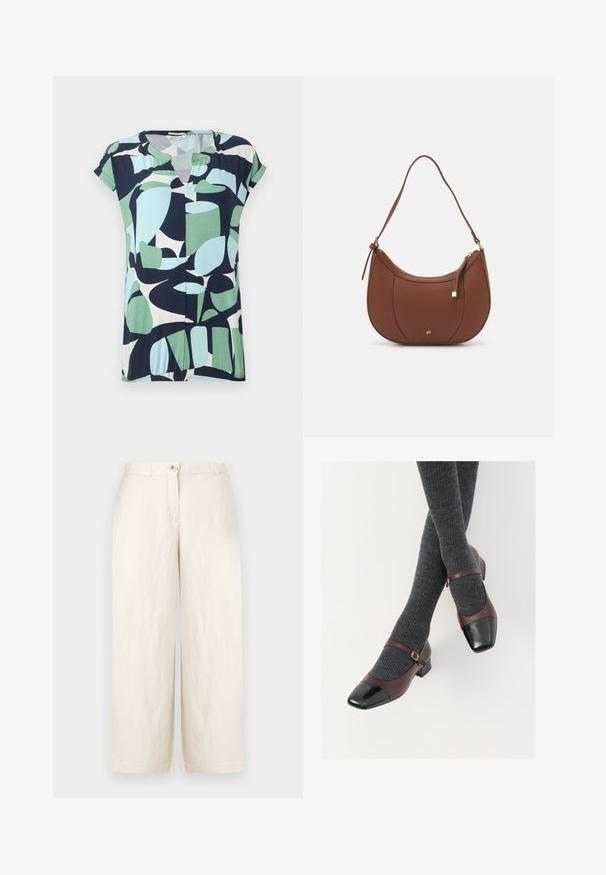 Kortærmet, v-udskåret top i navy, mintgrøn og lyseblå med abstrakte geometriske mønstre og en samling detalje ved kanten.; Beige vidde bukser i letvægtsstof, med knaplukning, bæltestropper og rene kantede kanter. Glat tekstur og minimalistisk design.; Burgunderrøde læder Mary Jane-sko med en sort laktoej og tynd ankelrem; båret med mørkegrå ribbede strømper. Lav blokhæl.; Brun faux læder skuldertaske med buet form, minimal syning og en guldtonet hardwaredetalje. Har en top lynlåslukning og justerbar rem.