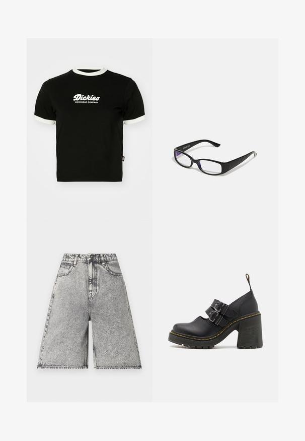Zwarte katoenen t-shirt met witte ribbelboord bij de hals en mouwranden. Voorzien van een witte logo tekst aan de voorkant: "Dickies Workwear Company." Korte mouwen.; Denim shorts in een zwart en grijs acid wash patroon, met een hoge taille, riemlussen en vijf zakken. Randen zijn afgewerkt.; Zwarte hoge hakken met een gestructureerde zool, voorzien van twee zilveren gespen, gele stiksels en een lus aan de achterkant voor gemakkelijk aan- en uittrekken.; Zwarte rechthoekige bril met heldere glazen. Glanzende afwerking, smalle veren en paarse tint zichtbaar aan de randen van de glazen.