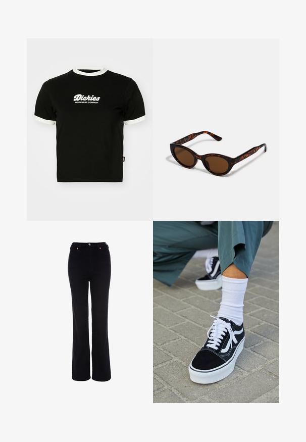 Sort bomulds t-shirt med hvid ribbet halsudskæring og ærmekanter. Har hvidt logo-tekst på forsiden: "Dickies Workwear Company." Korte ærmer.; Sorte bukser med højt liv og lige ben med knap- og lynlåslukning, bæltestropper og forlommer.; Sorte ruskinds sneakers med hvide accenter og snørebånd, der har en tyk hvid sål og kontrasterende syninger, parret med en hvid sok.; Brune skildpadde solbriller med en vintage katteøje-form og brune linser. Har buede arme med røde detaljer.