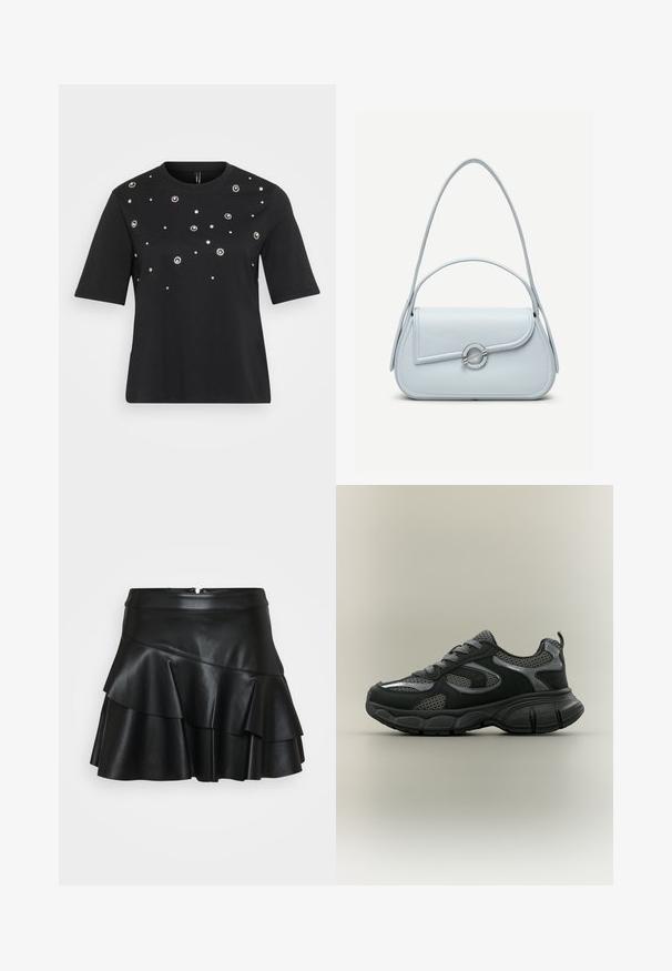T-shirt noir à manches courtes en coton, présentant des embellissements circulaires en argent disposés de manière éparse sur le devant.; Jupe mini en cuir noir avec une taille ajustée et trois niveaux de volants, présentant une texture lisse et une fermeture éclair dissimulée à l'arrière.; Baskets de sport en mesh et suède noir et gris avec une semelle épaisse et une fermeture à lacets, vues de côté extérieur sur un fond uni.; Sac à main en cuir bleu clair avec rabat arrondi, fermoir circulaire argenté et deux bretelles d'épaule sur un fond uni.