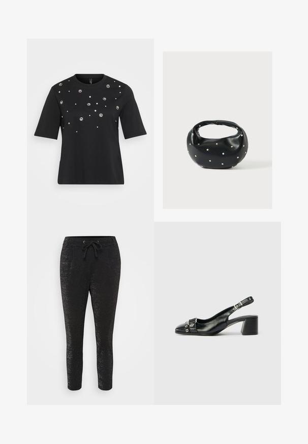 T-shirt noir à manches courtes en coton, présentant des embellissements circulaires en argent disposés de manière éparse sur le devant.; Pantalons noirs avec une texture brillante, dotés d'une taille à cordon, de deux poches avant et de jambes fuselées pour une apparence ajustée.; Sandale à talon en cuir noir avec un bout pointu, une sangle texturée ornée d'accents métalliques circulaires et un talon empilé.; Sac à main en cuir noir de forme arrondie, décoré de clous argentés et équipé d'une poignée courte. Texture lisse et fermeture éclair.