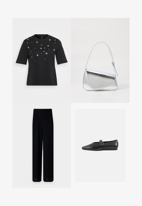Sort kortærmet t-shirt lavet af bomuld, med cirkulære sølvdekorationer arrangeret i et spredt mønster på forsiden.; Vero Moda Petite VMLIVA SUPER WIDE PANTS - Bukser - black; Sorte læder flade sko med spidse tæer, prydet med en metallisk spænde over vristen og en lav, fleksibel sål.; Sølvmetallic håndtaske med en trekantet form, glat overflade og en tynd, justerbar skulderrem. Har et fold-over design med syninger.