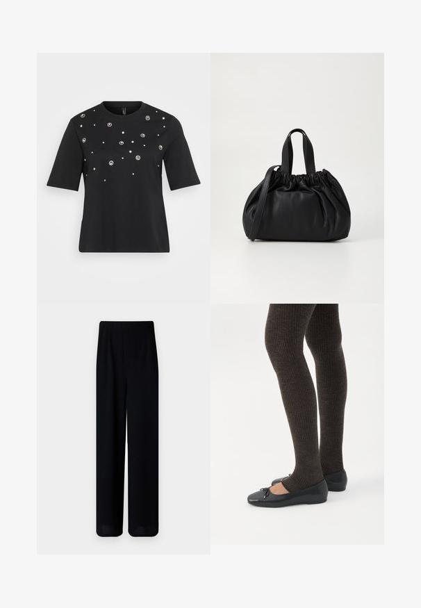 Sort kortærmet t-shirt lavet af bomuld, med cirkulære sølvdekorationer arrangeret i et spredt mønster på forsiden.; Vero Moda Petite VMLIVA SUPER WIDE PANTS - Bukser - black; Ben iført mørke ribbede leggings kombineret med sorte balletsko med små sløjfedetaljer på hvid baggrund.; Sort læderhåndtaske med en samlet topdesign, der har to korte håndtag og en lang justerbar rem. Glat overflade, rund form.