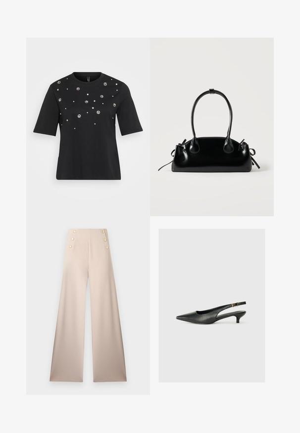 T-shirt noir à manches courtes en coton, présentant des embellissements circulaires en argent disposés de manière éparse sur le devant.; Pantalon beige à jambes larges, taille haute avec deux rangées verticales de trois boutons décoratifs dorés à l'avant.; Chaussure slingback noire à bout pointu en cuir lisse. Présente un talon fin et un détail de boucle sur la sangle réglable.; Petit sac à main noir brillant avec deux longues anses et des détails à cordon sur les côtés sur un fond clair uni.