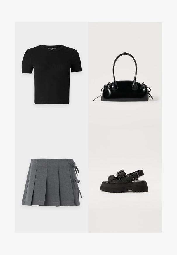 Camiseta ajustada negra con mangas cortas, textura acanalada y cuello redondo. Diseño simple, sin logotipos visibles ni adornos.; Minifalda plisada gris en un tejido texturizado, que presenta un cierre anudado en un lado y una cintura lisa para mayor comodidad.; Sandalias de plataforma negras con tres correas ajustables de hebilla, una suela texturizada y una parte superior suave. Diseñadas con una silueta robusta y gruesa.; Pequeño bolso negro brillante con dos asas largas y detalles de cordón lateral sobre un fondo claro liso.