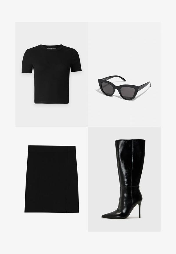 T-shirt noir ajusté à manches courtes, texture côtelée et col rond. Design simple, sans logo ni ornement visible.; Mini-jupe noire en tissu doux avec une coupe ajustée, présentant une légère fente sur le côté pour plus de style.; Bottes noires en cuir, hautes jusqu'au genou, avec un bout pointu et un talon aiguille haut. Texture lisse et design épuré, avec un minimum de détails.; Lunettes de soleil noires en forme d'œil de chat avec une finition mate, dotées de verres teintés gris, d'angles aigus et de branches élégantes. Nom de la marque visible sur la branche intérieure.