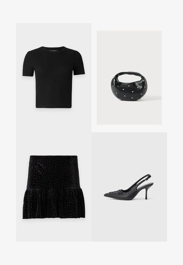 Camiseta ajustada negra con mangas cortas, textura acanalada y cuello redondo. Diseño simple, sin logotipos visibles ni adornos.; Falda de terciopelo negro con dobladillo rizado, adornada con manchas plateadas. Presenta una cintura ajustada y una textura suave.; Sandal de tacón stiletto negro de cuero con punta afilada, correa lateral con hebilla, tachuelas a lo largo del borde y cordones decorativos en la parte delantera.; Bolso de mano de cuero negro con forma redondeada, decorado con detalles de tachuelas plateadas y un asa corta. Textura lisa y cierre con cremallera.