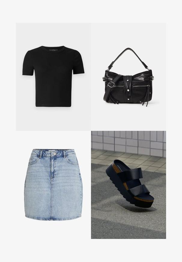 Sort tætsiddende T-shirt med korte ærmer, ribbet tekstur og rund halsudskæring. Simpelt design uden synlige logoer eller pynt.; Lyseblå denim mini nederdel med frontknap og lynlås, bæltestropper og frontlommer.; Sort platform-sandal med tyk korksål og to brede remme, placeret på struktureret fortov nær flisebelagt væg.; Even&Odd by Zalando H24462 - Håndtasker - black
