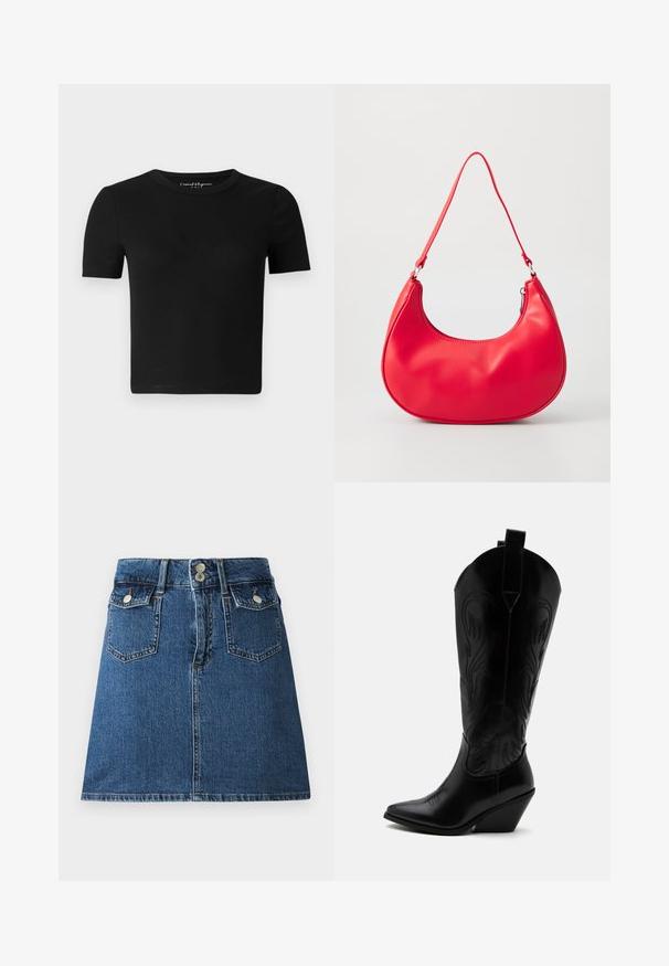 Camiseta ajustada negra con mangas cortas, textura acanalada y cuello redondo. Diseño simple, sin logotipos visibles ni adornos.; Falda de mezclilla en azul oscuro, con una cintura ajustada, dos bolsillos frontales, dos bolsillos traseros y cierres de botón en tono plateado.; Bota de vaquero de cuero negro con punta puntiaguda, tacón bloqueado inclinado, costuras decorativas y lengüetas en la parte superior sobre fondo blanco.; Bolso de hombro de piel sintética roja con forma curvada, correa delgada y cierre de cremallera. Textura suave con detalles de costura visibles.