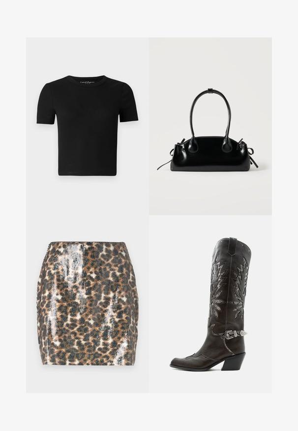 Sort tætsiddende T-shirt med korte ærmer, ribbet tekstur og rund halsudskæring. Simpelt design uden synlige logoer eller pynt.; Mini skirt med leopardprint der har en paillet-vævet tekstur, fitted design, brune og sorte farver samt en lige kant.; Sort læder cowboystøvle med dekorative udskæringer, sølvspænde og skrå hæl, vist på hvid baggrund.; Lille sort blank håndtaske med to lange håndtag og snøre-detaljer i siden på en ensfarvet lys baggrund.