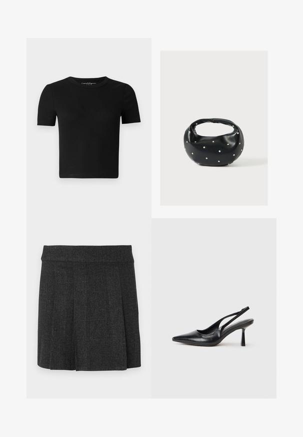 T-shirt noir ajusté à manches courtes, texture côtelée et col rond. Design simple, sans logo ni ornement visible.; Jupe noire plissée en tissu texturé. Ceinture mi-haute avec des lignes épurées. Coupe classique adaptée à diverses occasions.; Chaussure à talon haut en cuir noir, à bride arrière, avec un bout pointu et un talon fin sur fond blanc.; Sac à main en cuir noir de forme arrondie, décoré de clous argentés et équipé d'une poignée courte. Texture lisse et fermeture éclair.