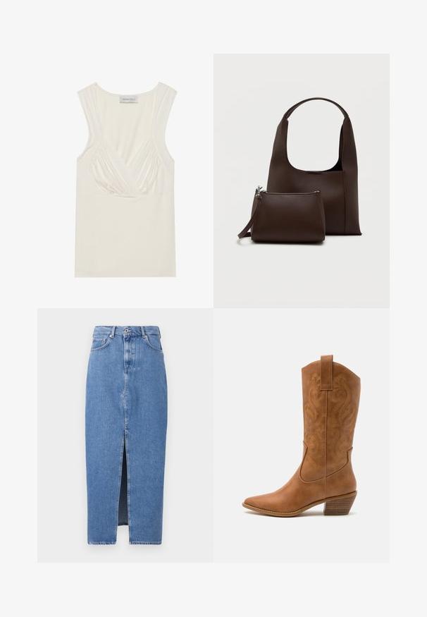 Cremefarvet ærmeløs top med V-hals og sammensyning på siderne, lavet af blødt, strækbart materiale. Tagget siger "ANNA FIELD."; Lyseblå denim midi-nederdel med en frontslids, klassisk fem-lomme design og lukning med topknap. Stoffet har en let struktur.; Tan læder cowboystøvle med spids tå, broderede svirvelmønstre på skaftet og en stablet blokhæl. Har en træksløjfe for nem af/på.; Brun syntetisk håndtaske med et buet håndtag og en glat tekstur. Inkluderer et matchende lille toilettaske med lynlås. Minimalistisk design.