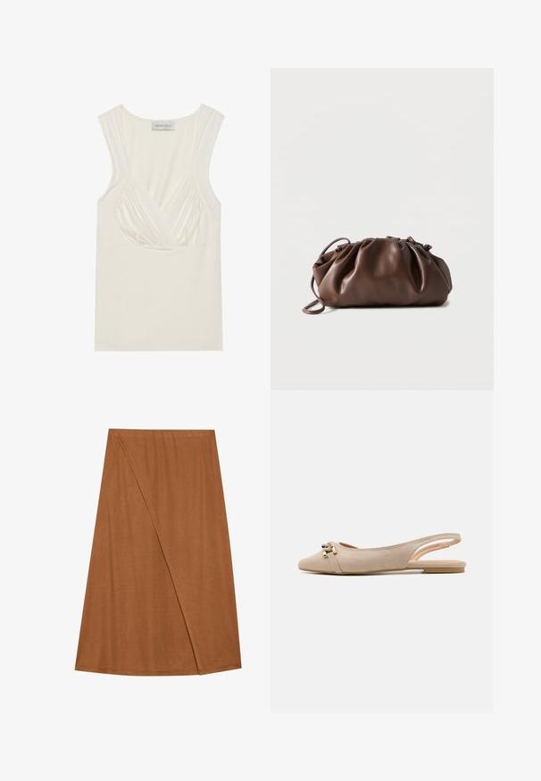 Top sans manches de couleur crème avec un col en V et des détails froncés sur les côtés, fabriqué en matériau doux et extensible. L'étiquette indique "ANNA FIELD."; Jupe enroulée marron, mi-longue, en tissu doux. Caractérisée par un design asymétrique avec un détail de couture sur le côté et une texture lisse.; Ballerines beiges à bride arrière en daim doux, avec un bout pointu élégant, des accents décoratifs en métal doré, et un design minimaliste.; Sacoche en cuir marron doux avec un haut froncé et une fine bandoulière, posée sur un fond blanc.