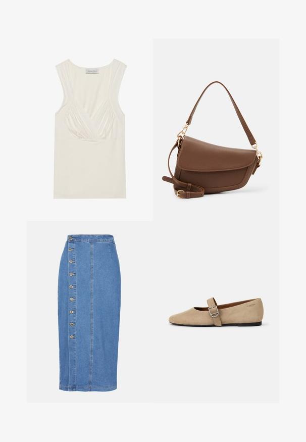 Top sans manches de couleur crème avec un col en V et des détails froncés sur les côtés, fabriqué en matériau doux et extensible. L'étiquette indique "ANNA FIELD."; Jupe midi en denim bleu clair avec une fermeture à boutons sur le devant, sept boutons métalliques et une silhouette droite avec un ourlet en dessous du genou.; Ballerines en daim beige de style Mary Jane avec un bout pointu et une seule sangle réglable dotée d'une boucle en métal argenté. Semelle plate noire.; Sac à épaule en cuir marron avec une finition texturée, forme courbée, quincaillerie dorée, bandoulière réglable et fermeture à rabat.