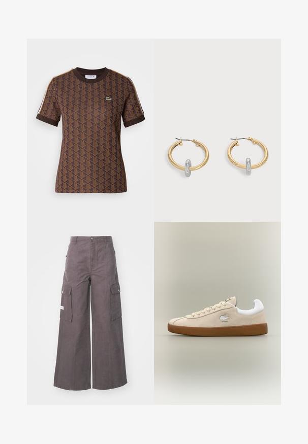 Bruine T-shirt met korte mouwen, voorzien van een geometrisch patroon in een donkerdere bruintint, een geribbelde ronde hals en contrasterende schouderstrepen. Lacoste-logo aanwezig.; Grijze wijde cargobroek van stevig materiaal, met vier grote zakken, een sluiting met knoop aan de voorkant en een relaxte pasvorm.; Beige suède sneaker met witte accenten en rubberen zool. Beschikt over een verhoogd logo aan de zijkant en contrasterende beige veters. Klassiek ontwerp.; Paar goudkleurige creolen met kleine zilverkleurige lusdetail op elk, weergegeven tegen een lichtgrijze achtergrond.