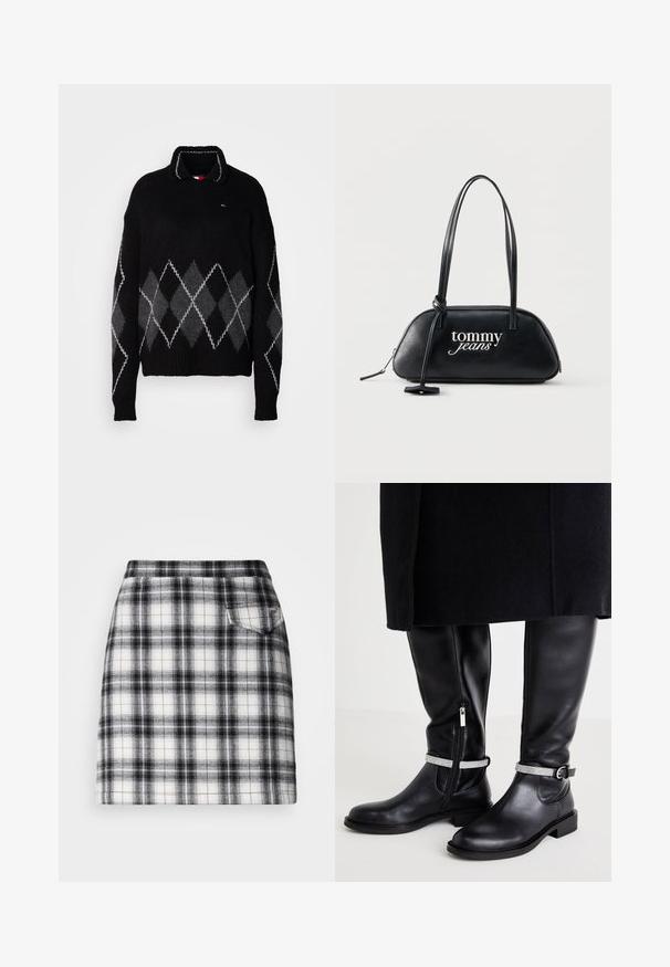 Sort strikket sweater med krave og argyle-mønster i nuancer af grå og hvid. Ribstrikkede ærmegab og taljebånd. Logodetalje på brystet.; Skørt i tern har et sort og hvidt mønster med en tætsiddende pasform, lige snit og en lille baglomme for detaljer. Fremstillet af vævet stof.; Sorte læderknæhøje støvler med en sidelukning, der har et sølvfarvet accentbånd om anklen og en lav blokhæl.; Sort skuldertaske i læder med lange håndtag, "tommy jeans"-logo i hvid og knyttet stropdetalje på ensfarvet baggrund.